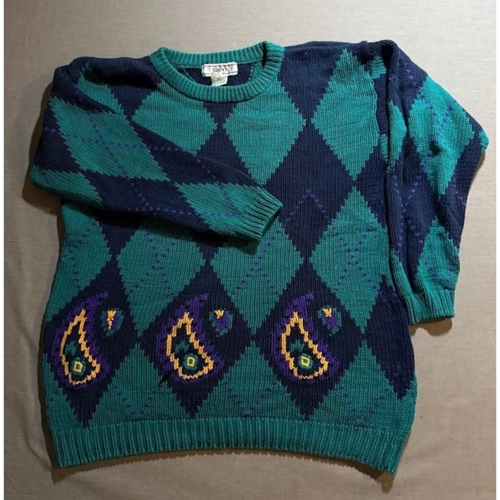 Vintage IZOD Argyle Paisley‎ Knit Sweater Preppy Colorful Pattern Mens Small